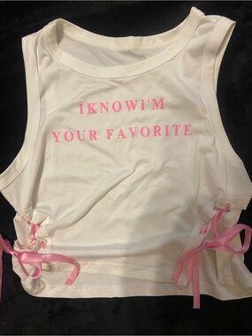 White Sleeveless Crop Top with Pink Lettering and Ribbon Ties